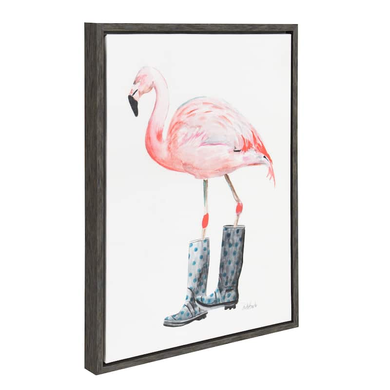 Kate and Laurel Sylvie Flamingo in Boots Gray Framed Canvas Wall Art by Jennifer Redstreake Geary