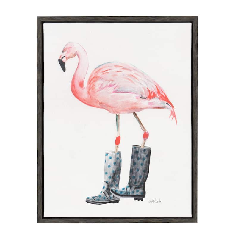 Kate and Laurel Sylvie Flamingo in Boots Gray Framed Canvas Wall Art by Jennifer Redstreake Geary