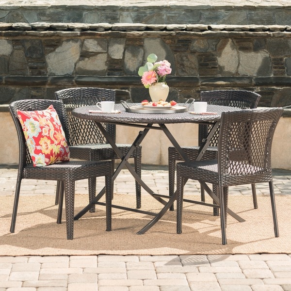 Shop Rai Outdoor 5-Piece Round Foldable Wicker Dining Set with Umbrella