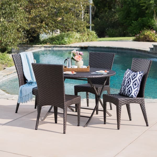 slide 2 of 6, Avery Outdoor 5-Piece Round Foldable Wicker Dining Set with Umbrella Hole by Christopher Knight Home