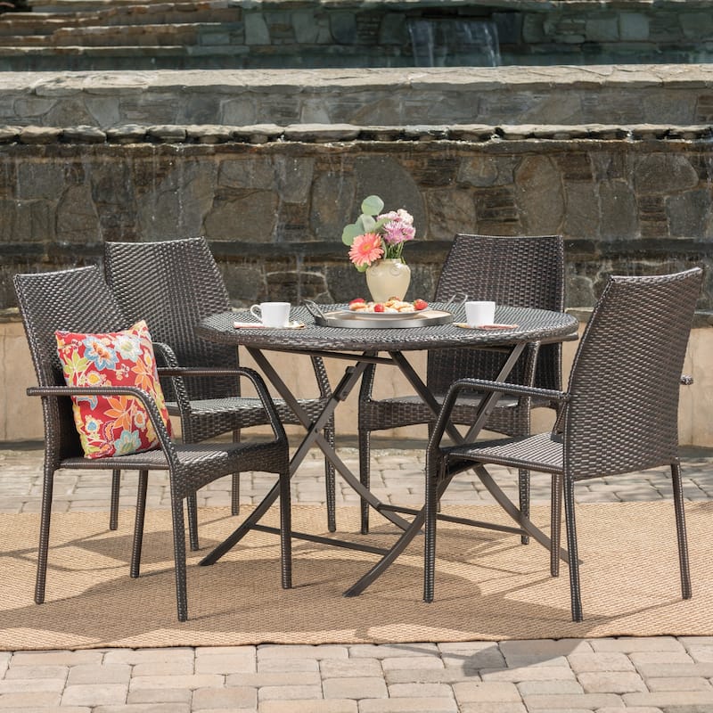 Kiera Outdoor 5-Piece Round Foldable Wicker Dining Set with Umbrella Hole by Christopher Knight Home - Brown