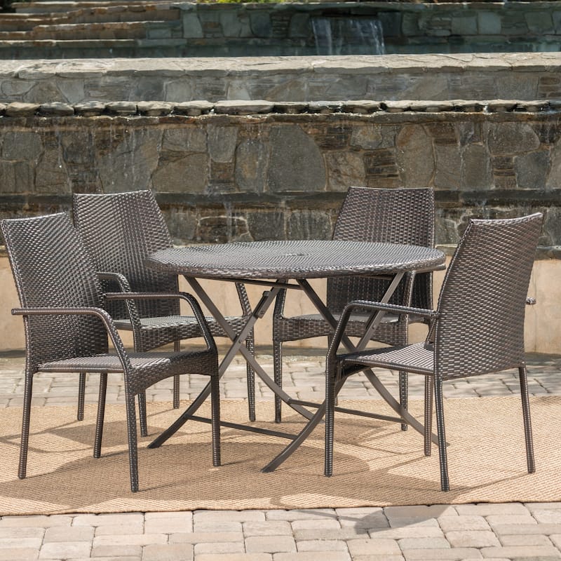 Kiera Outdoor 5-Piece Round Foldable Wicker Dining Set with Umbrella Hole by Christopher Knight Home