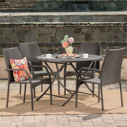 Kiera Outdoor 5-Piece Round Foldable Wicker Dining Set with Umbrella Hole by Christopher Knight Home