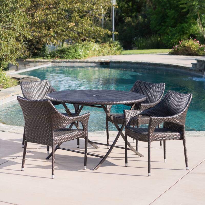 Kyler Outdoor 5-Piece Round Foldable Wicker Dining Set with Umbrella Hole by Christopher Knight Home