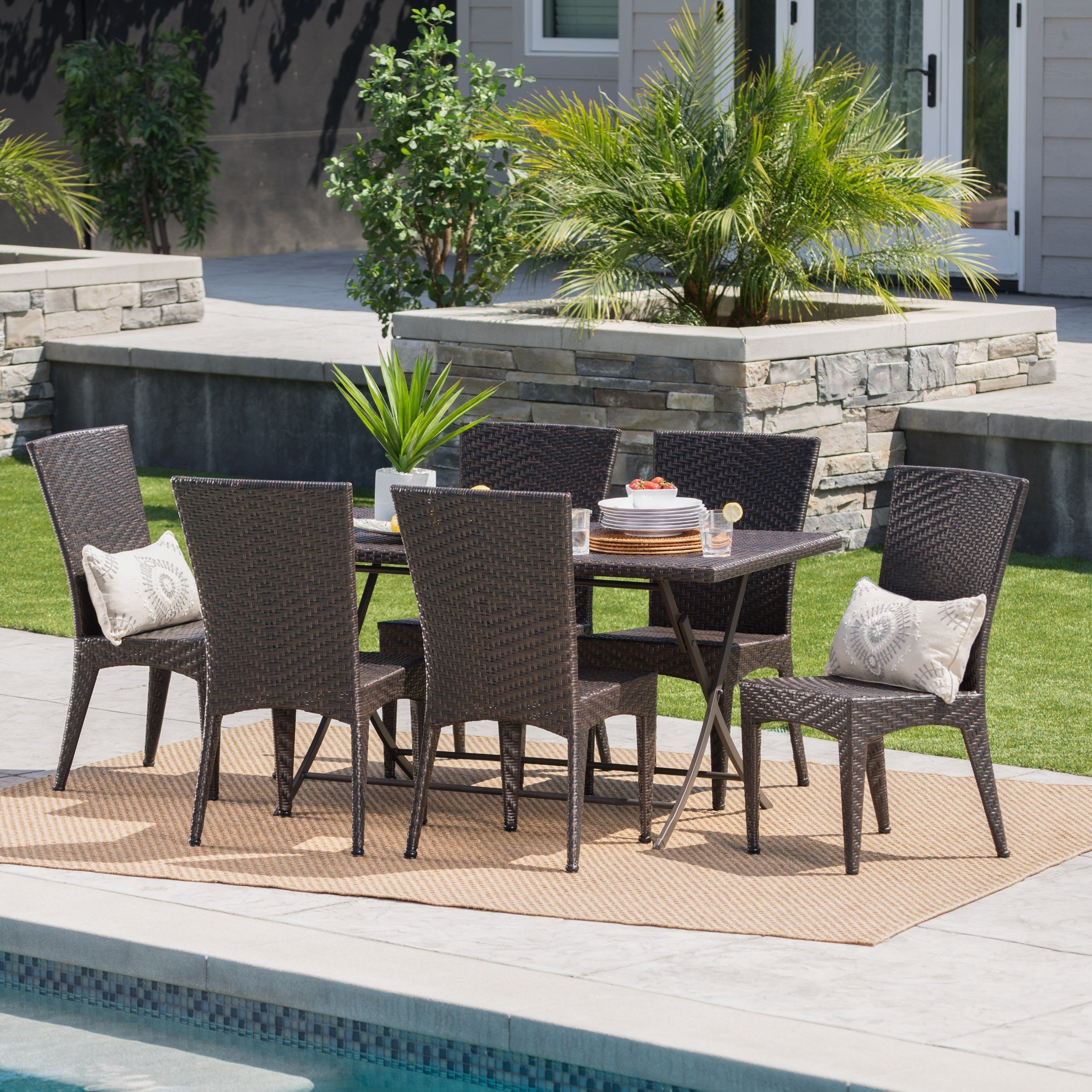 Shop Black Friday Deals On Astra Outdoor 7 Piece Rectangle Foldable Wicker Dining Set With Umbrella Hole By Christopher Knight Home Overstock 17657498