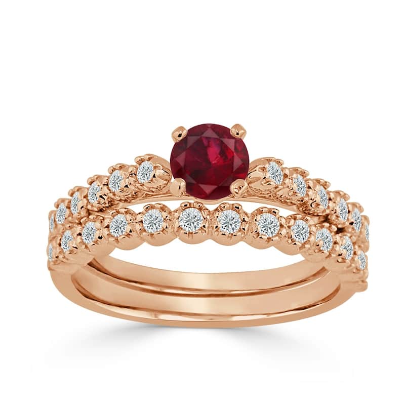 Auriya Round 3/8ct Red Ruby and 1/8 TDW Diamond Engagement Ring Set 14k Gold