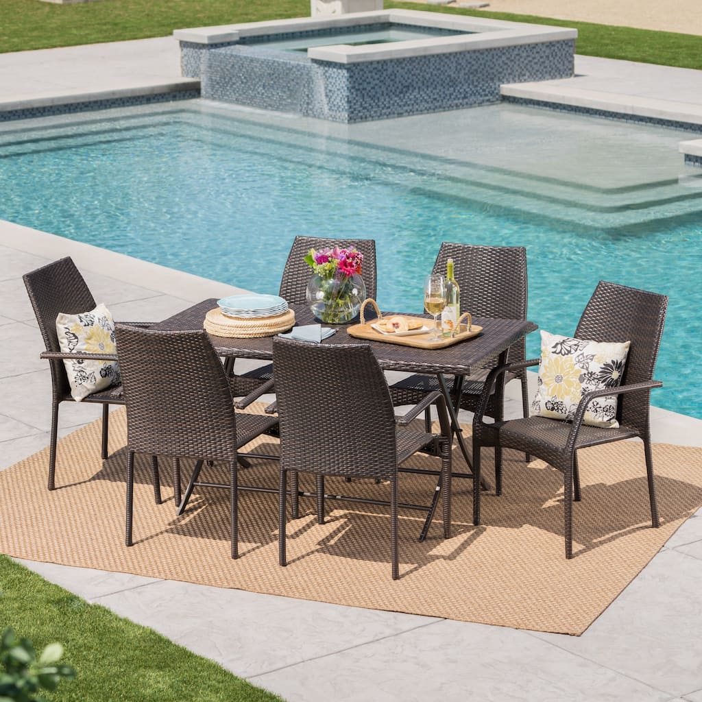 April Outdoor 7-Piece Rectangle Foldable Wicker Dining Set with Umbrella Hole by Christopher Knight Home - N/A
