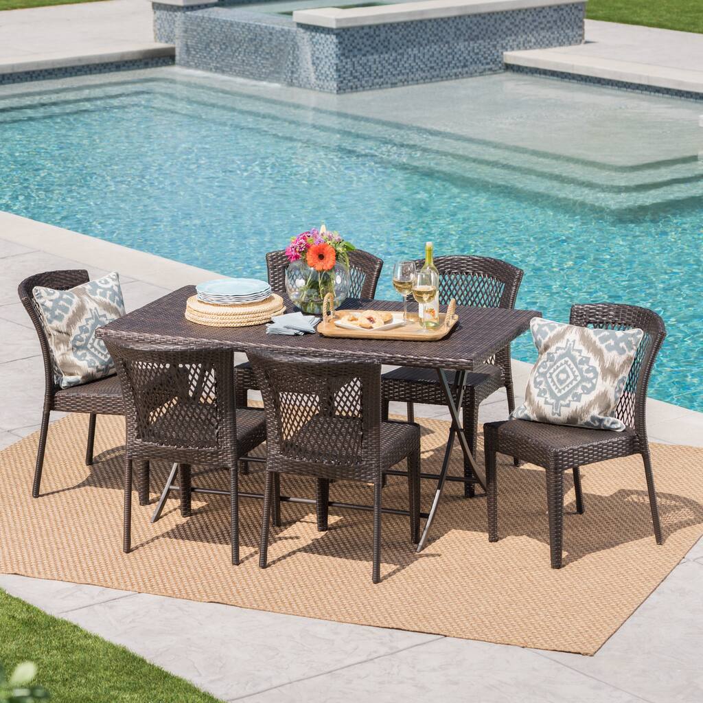 Pilar Outdoor 7-Piece Rectangle Foldable Wicker Dining Set with Umbrella Hole by Christopher Knight Home