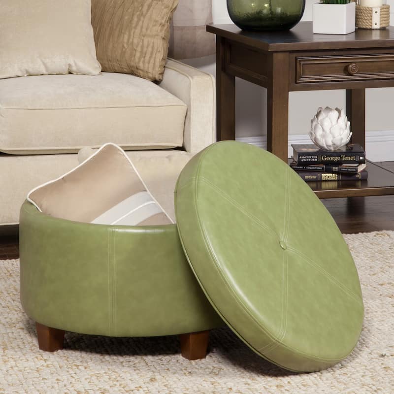 Porch & Den Rockwell Green Faux Leather Round Storage Ottoman