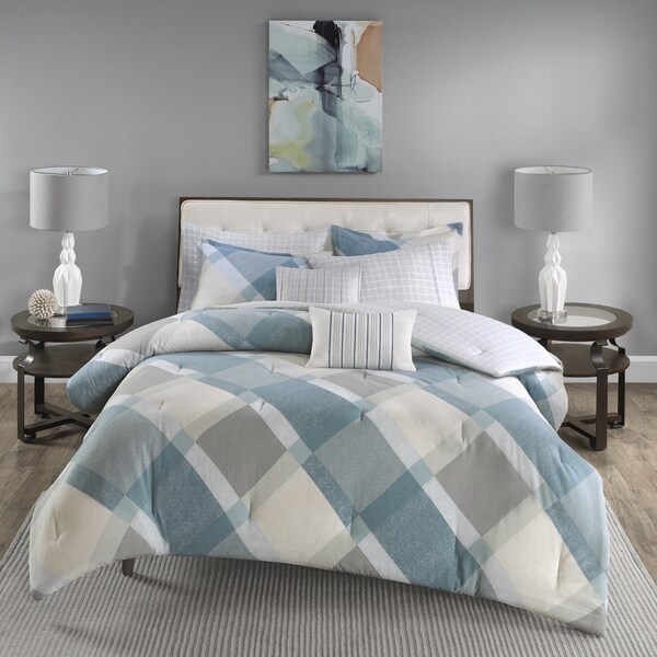 Madison Park Cory Blue Overfilled Cotton Flannel Comforter Set