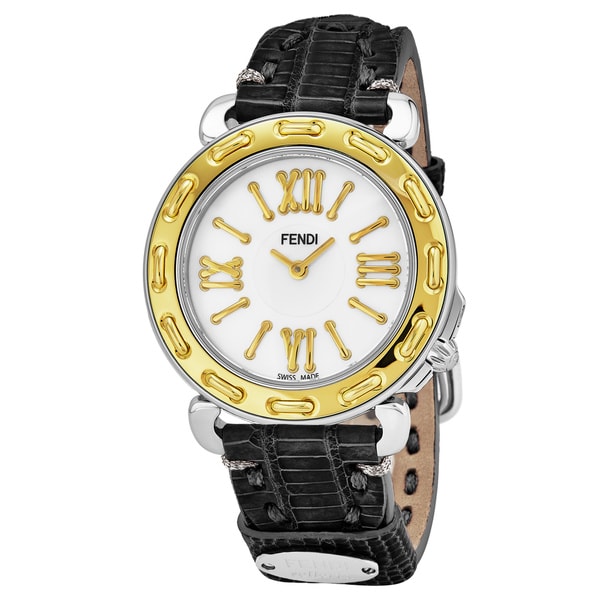 Fendi Women's F8001345H0.TS01 'Selleria' Mother of Pearl Dial Black Leather Strap Swiss Quartz Watch