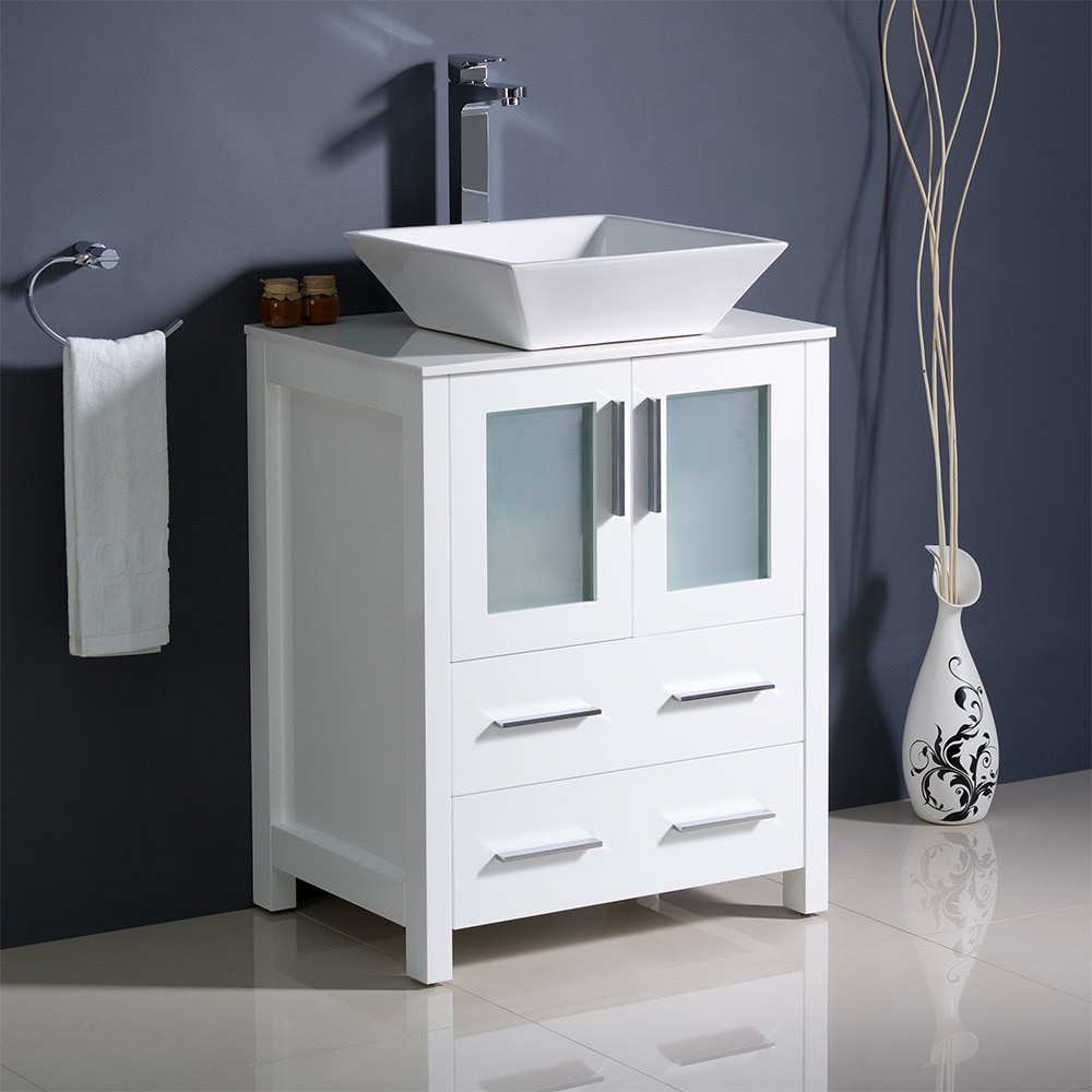 Fresca Torino 24 Inch White Modern Bathroom Cabinet With Top And Vessel Sink