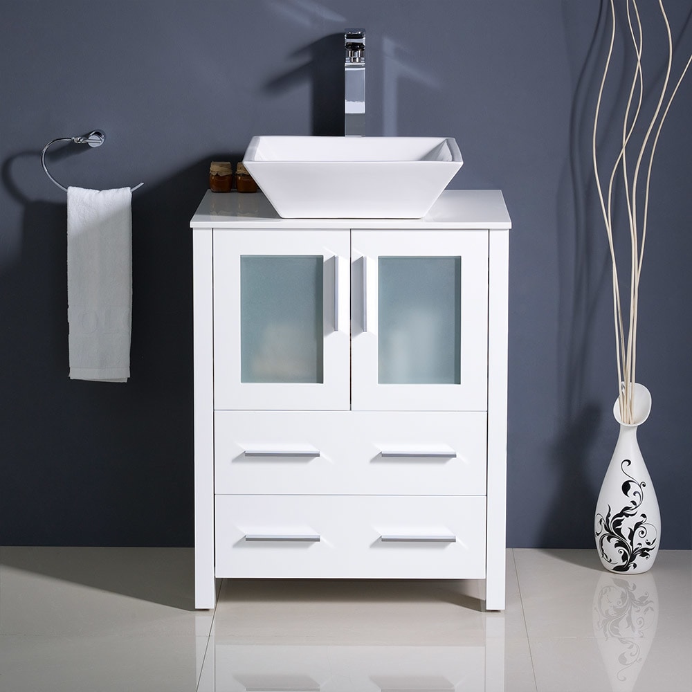 Fresca Torino 24 Inch White Modern Bathroom Cabinet With Top And Vessel Sink