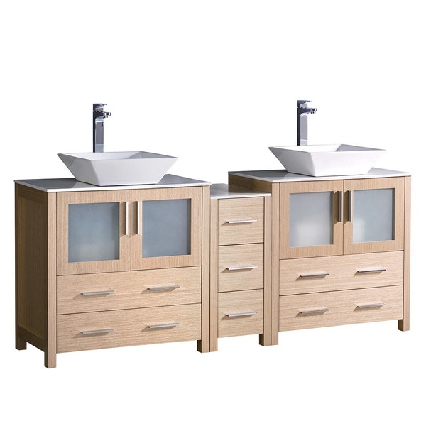 Fresca Torino 72-inch Light Oak Modern Double Sink Bathroom Cabinets with Tops and Vessel Sinks