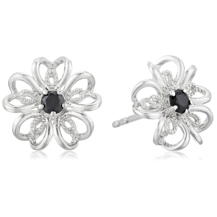Sterling Silver choice of gemstone flower Stud Earrings - Black