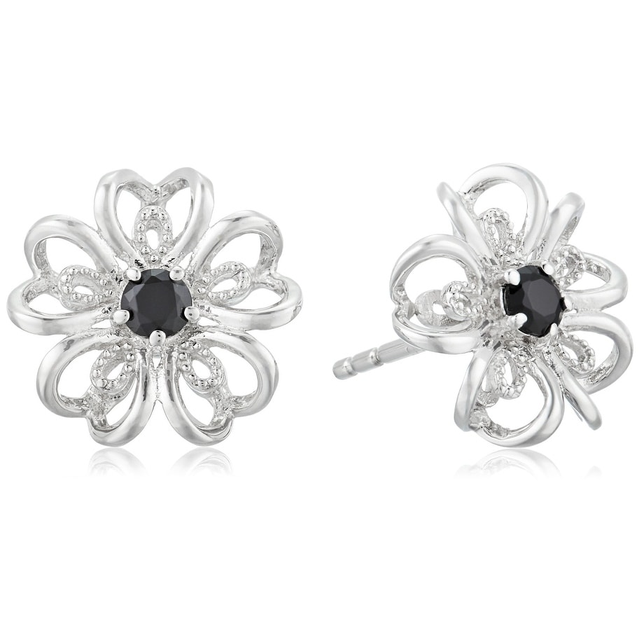 Pinctore Sterling Silver choice of gemstone flower Stud Earrings - Black