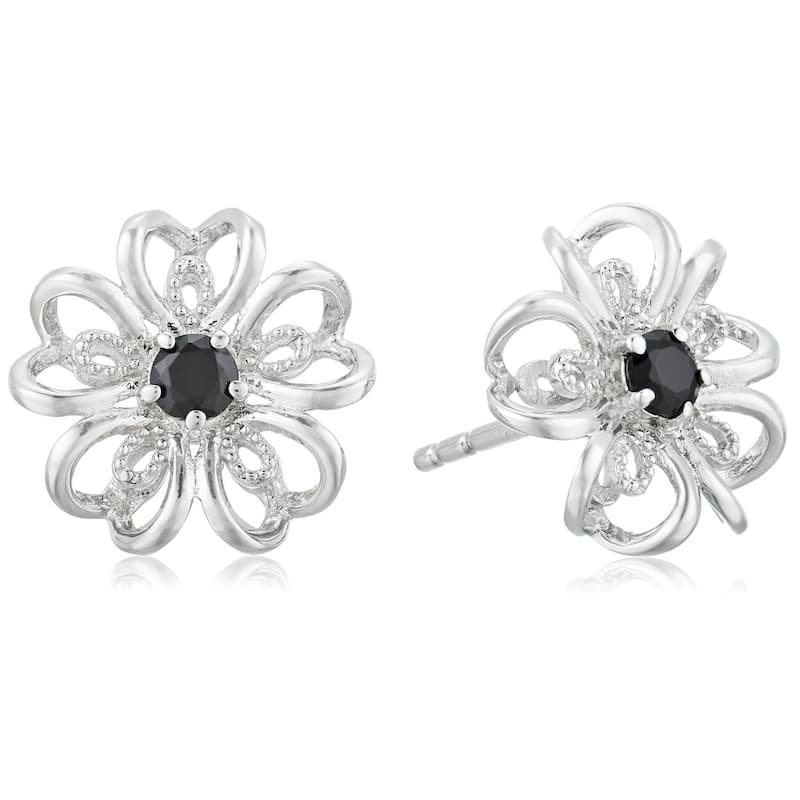 Sterling Silver choice of gemstone flower Stud Earrings - Black