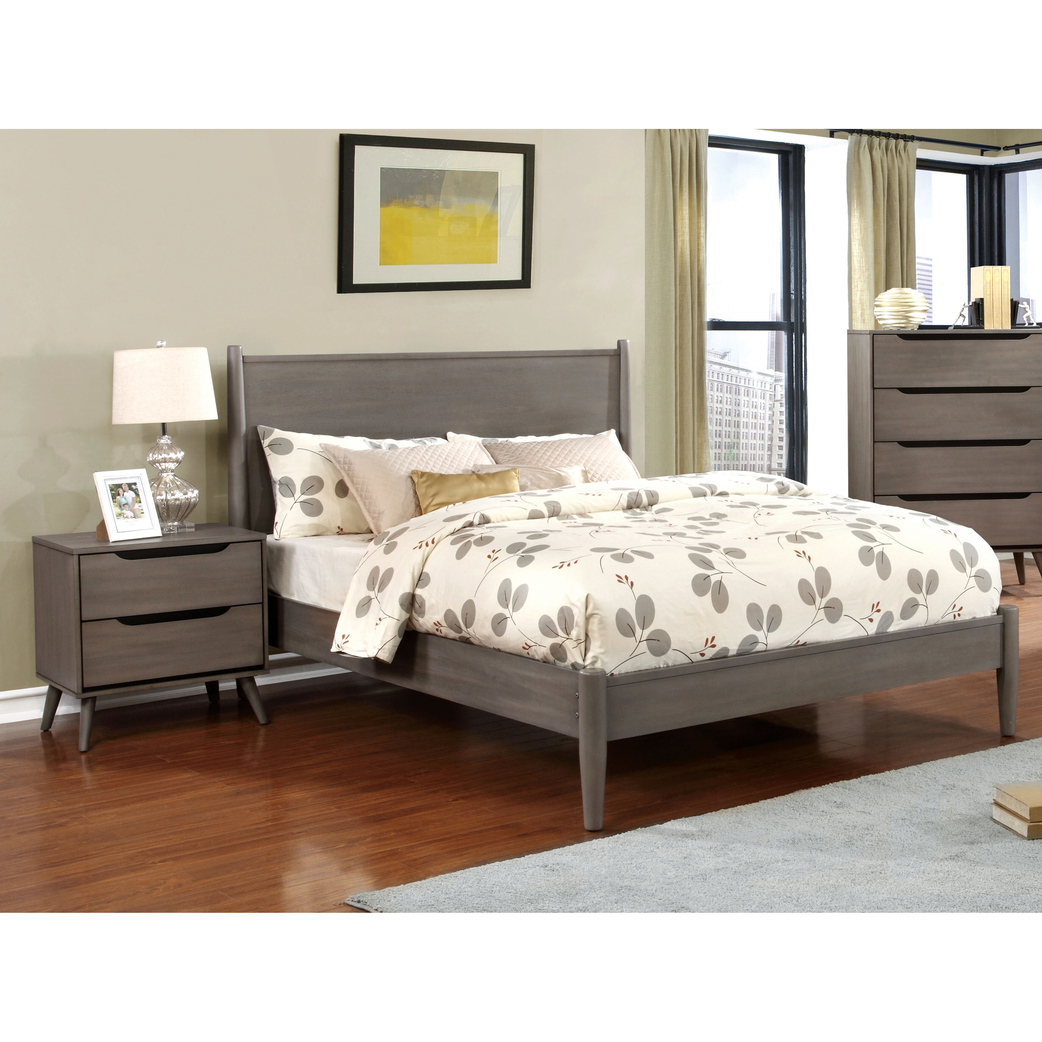 Shop Furniture Of America Corrine Grey Mid Century Modern 2 Piece Bed And Nightstand Set Overstock 21895336 California King,2 Chandelier Over Dining Table