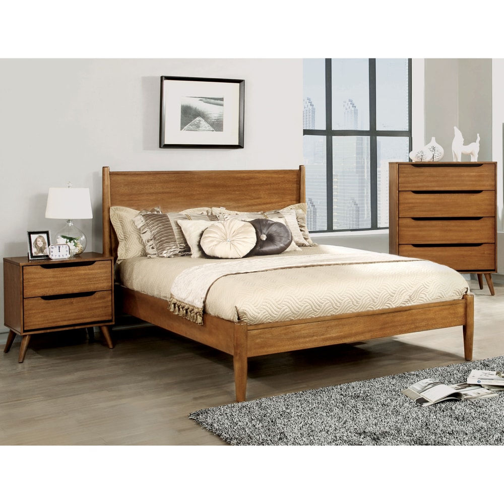 Furniture of America Fopp Mid-Century Modern Oak Wood 3-Piece Platform Bedroom Set
