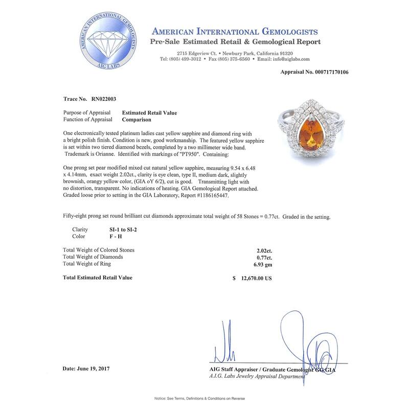 Auriya Platinum 2ct Certified Pear Rare Yellow Sapphire and 3/4ct TDW Diamond Double Halo Engagement Ring - 4.5