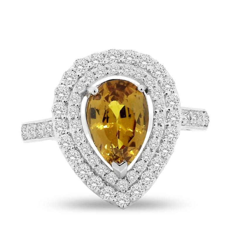 Auriya Platinum 2ct Certified Pear Rare Yellow Sapphire and 3/4ct TDW Diamond Double Halo Engagement Ring