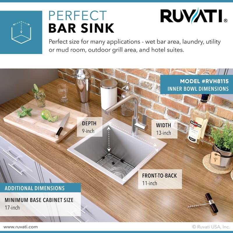Ruvati 15 x 15 inch Drop-in Topmount Bar Prep Sink 16 Gauge Stainless Steel Single Bowl - - 15" X 15" - 15" X 15"