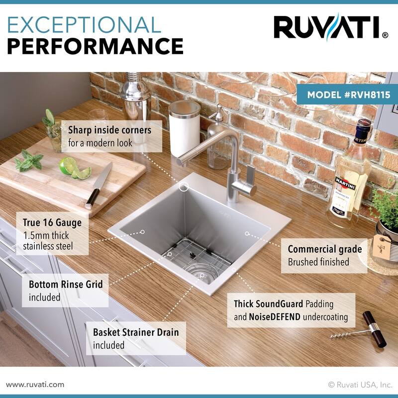 Ruvati 15 x 15 inch Drop-in Topmount Bar Prep Sink 16 Gauge Stainless Steel Single Bowl - - 15" X 15" - 15" X 15"