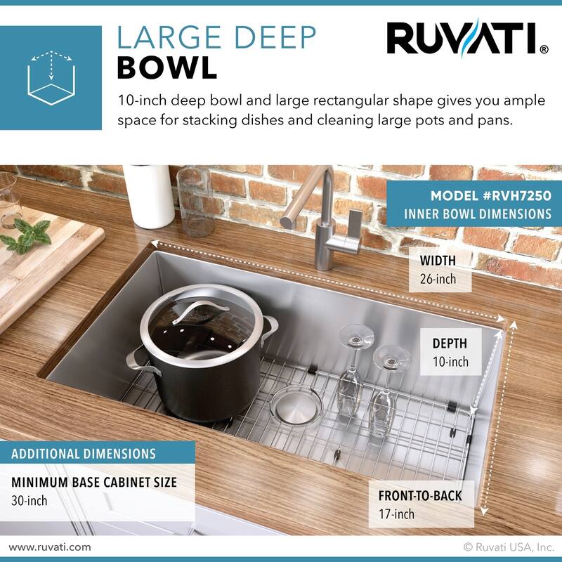 Ruvati 28-inch Undermount 16 Gauge Tight Radius Stainless Steel Kitchen Sink Single Bowl - RVH7250 - 28" x 19"