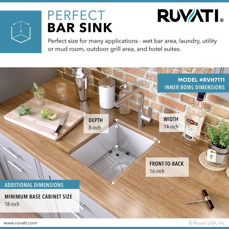 Ruvati 16-inch Undermount 16 Gauge Zero Radius Bar Prep Sink Stainless Steel Single Bowl - RVH7111 - 16" x 18"