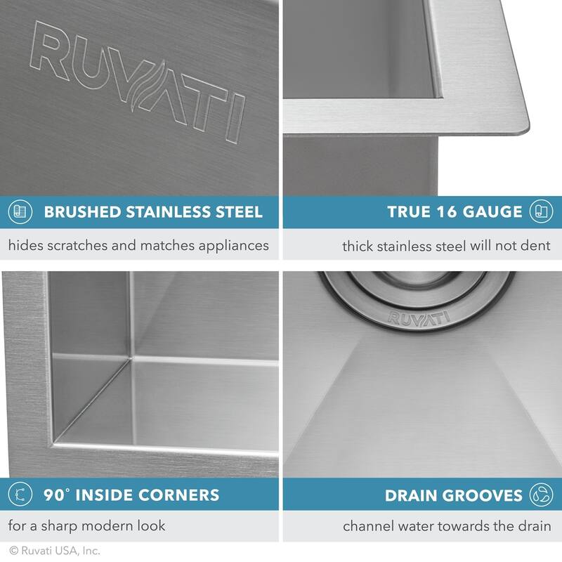 Ruvati 16-inch Undermount 16 Gauge Zero Radius Bar Prep Sink Stainless Steel Single Bowl - RVH7111 - 16" x 18"