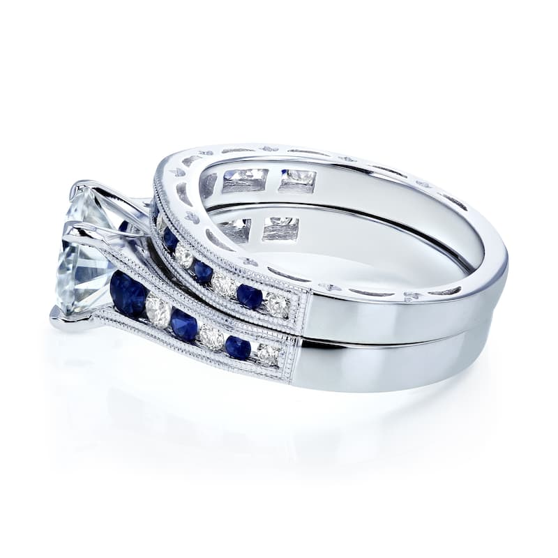 Annello by Kobelli 14k White Gold 2 7/8 Carats TGW Forever One Moissanite (DEF) with Diamond and Sapphire Bands 2pc Bridal Set