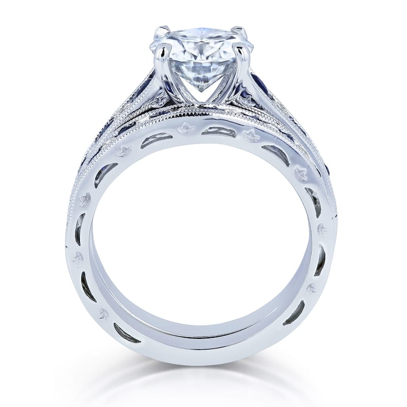 Annello by Kobelli 14k White Gold 2 7/8 Carats TGW Forever One Moissanite (DEF) with Diamond and Sapphire Bands 2pc Bridal Set