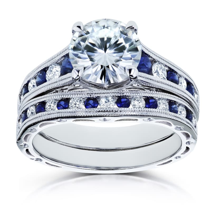 Annello by Kobelli 14k White Gold 2 7/8 Carats TGW Forever One Moissanite (DEF) with Diamond and Sapphire Bands 2pc Bridal Set