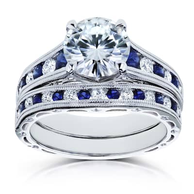 Annello by Kobelli 14k White Gold 2 7/8 Carats TGW Forever One Moissanite (DEF) with Diamond and Sapphire Bands 2pc Bridal Set