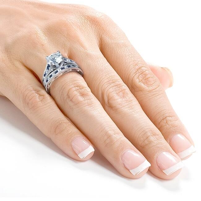 Annello by Kobelli 14k White Gold 2 7/8 Carats TGW Forever One Moissanite (DEF) with Diamond and Sapphire Bands 2pc Bridal Set