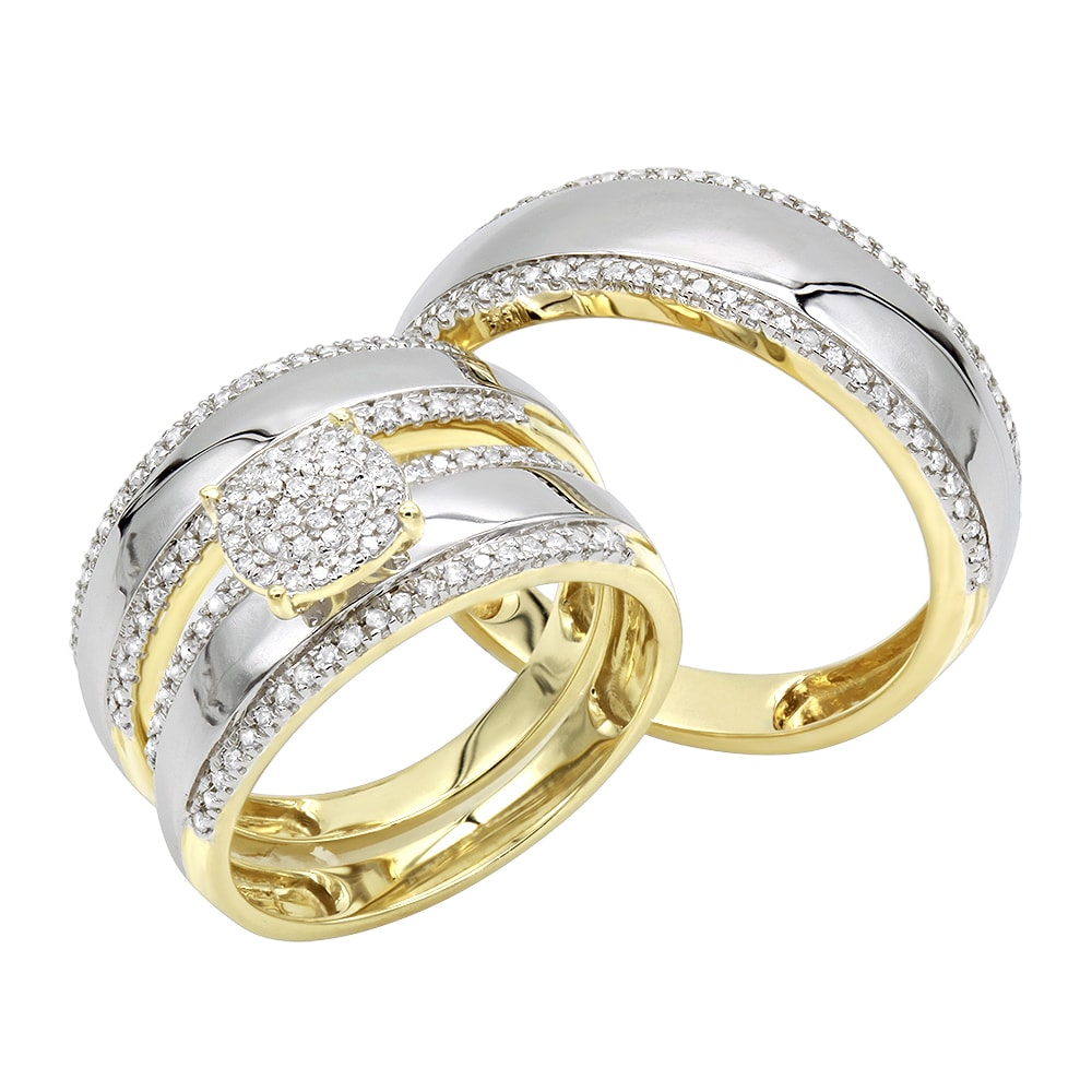 Real 14k Yellow Gold Diamond Engagement Rings His Hers Trio Wedding Band Set Ebay