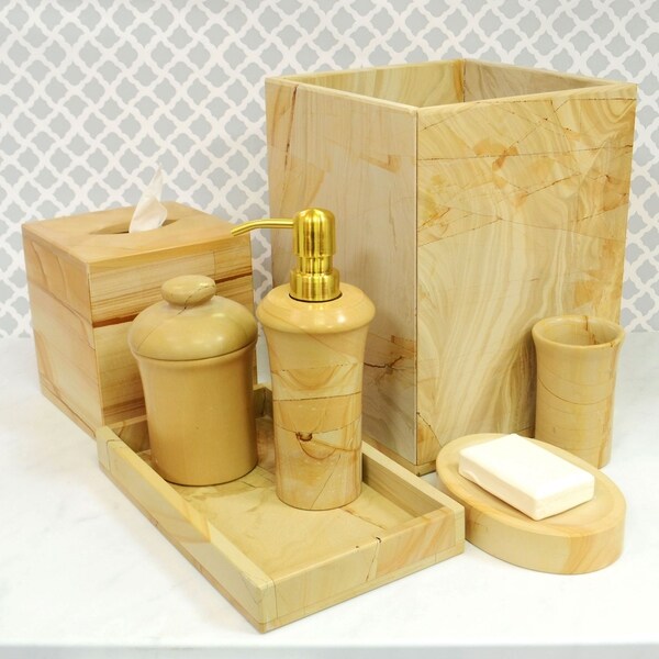 Beige Shower and Bathroom Accessory Polished Marble 7-Piece Bath Set