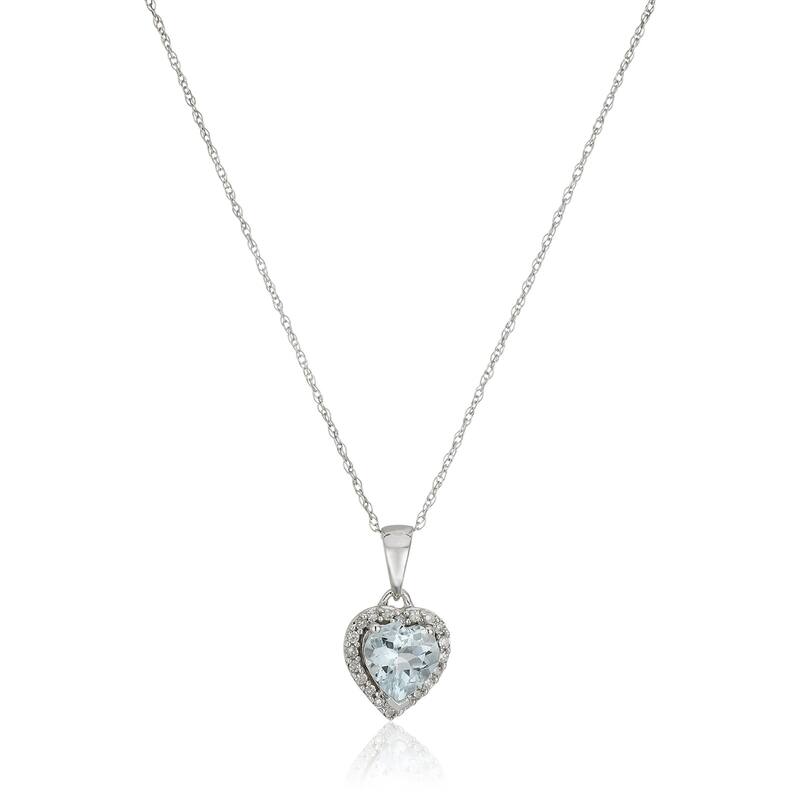 10k White Gold Aquamarine Heart, Diamond Pendant Necklace, 18" - Blue