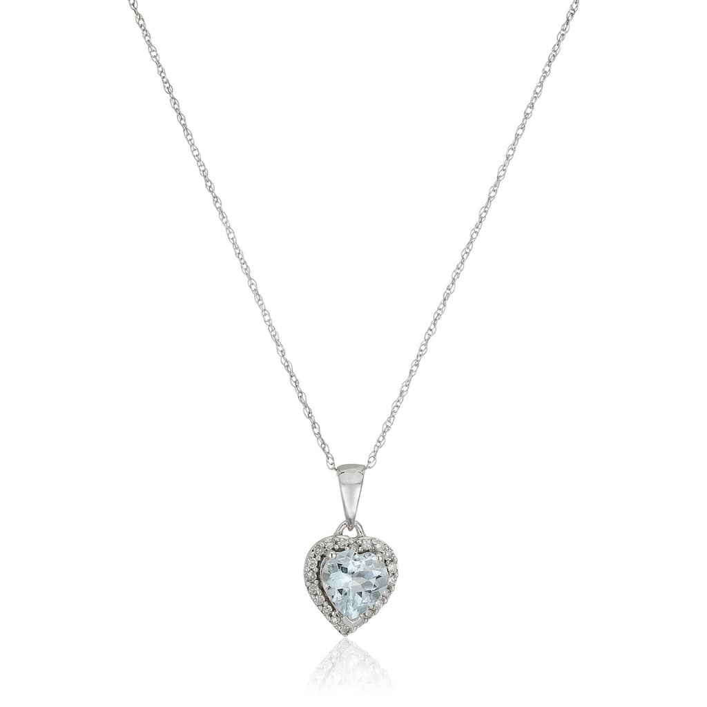 10k White Gold Aquamarine Heart, Diamond Pendant Necklace, 18" - Blue
