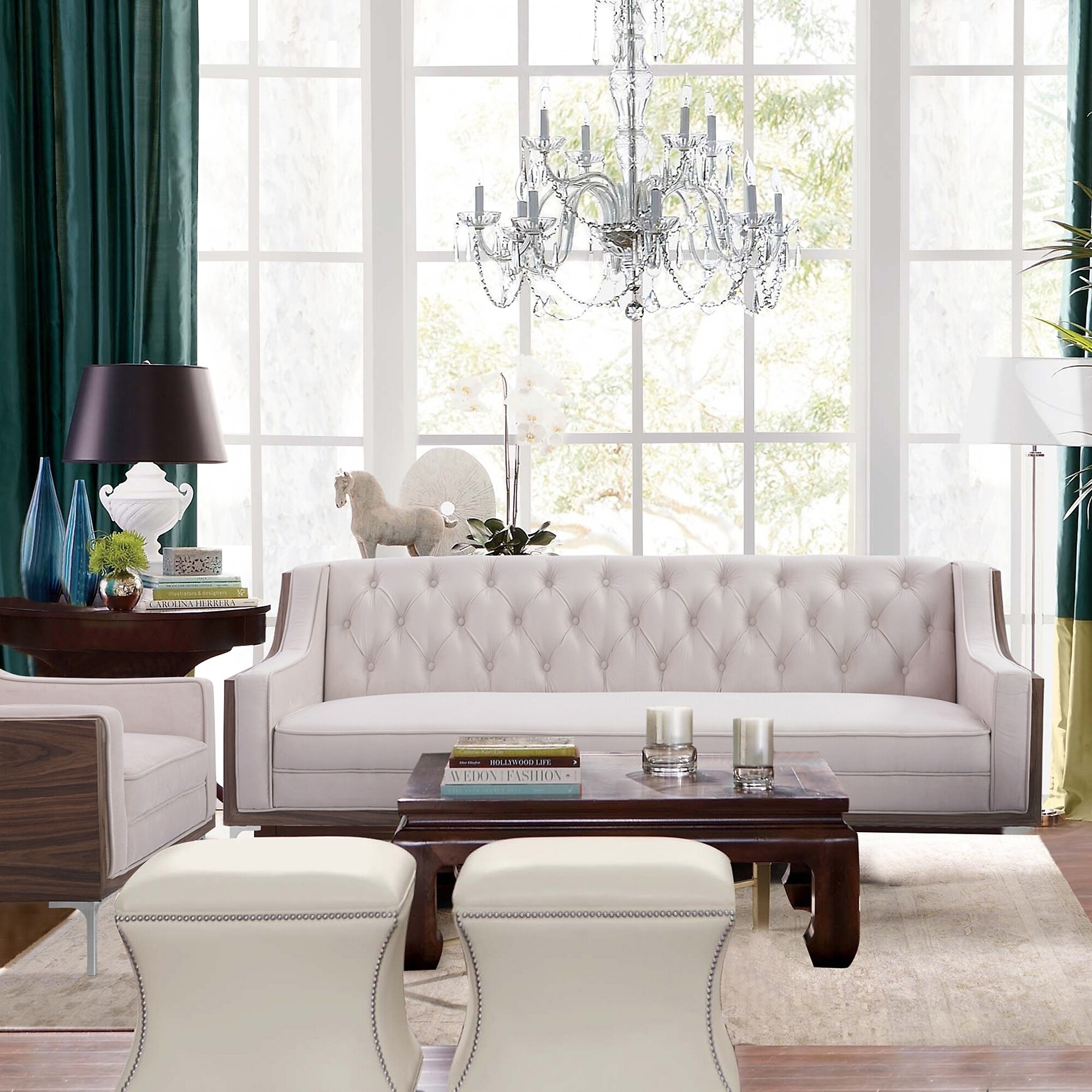 Holly Velvet On Tufted Sofa With Sloped Arms And Chrome Y Legs