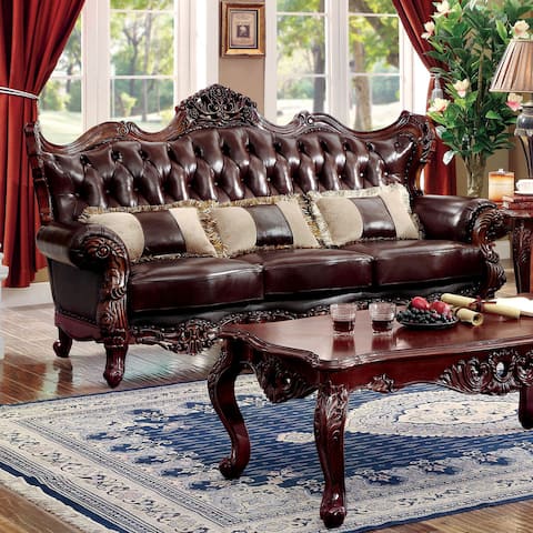Furniture of America Vane Traditional Oak Faux Leather Tufted Sofa