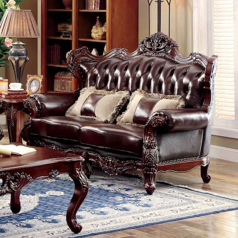Furniture of America Vane Traditional Oak Faux Leather Tufted Loveseat