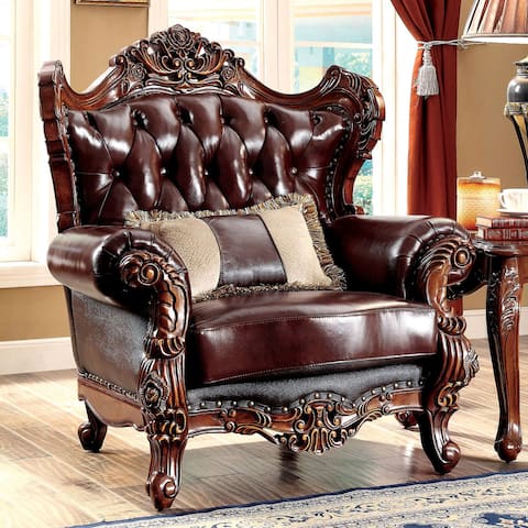 Furniture of America Vane Traditional Oak Faux Leather Tufted Armchair
