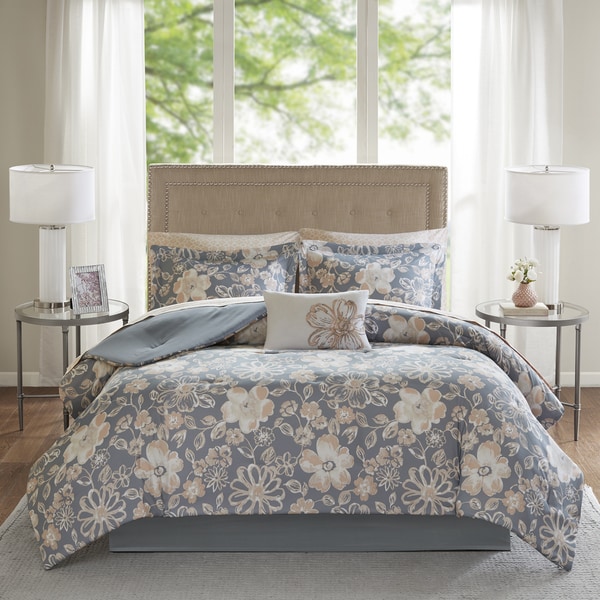 Madison Park Essentials Roxanne Grey Floral Printed Complete Comforter and Cotton Sheet Set