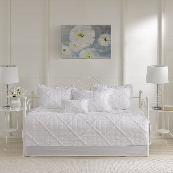 slide 1 of 8, Madison Park Wendy White 6 Pieces Quilted Daybed Cover Set with Ruffle/ Pleating Details