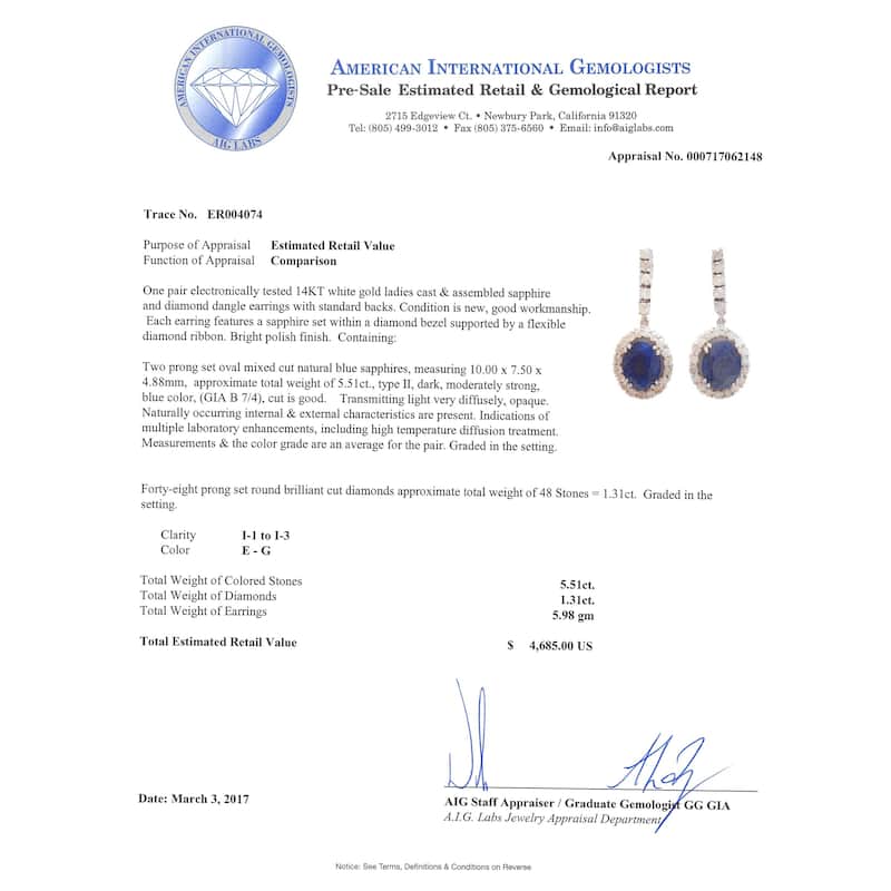 Auriya 14k Gold 5 1/2ct Sapphire and 1 1/3ct TDW Diamond Earrings - Blue - Blue - Blue - Sapphire - White