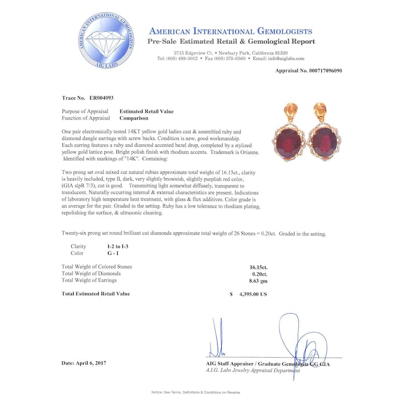 Auriya 14k Gold 16 3/4ct Ruby and 1/5ct TDW Diamond Earrings - Red - Red - Red - Ruby - Yellow