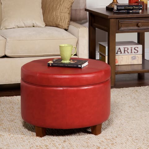 Porch & Den Rockwell Cinnamon Red Faux Leather Round Storage Ottoman