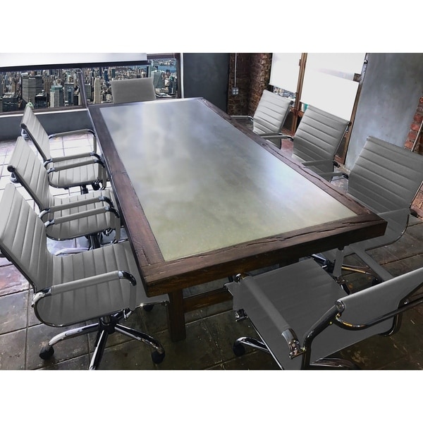 SOLIS Aperto Solid Wood With Concrete Table and Grey Ribbed Leather Office Chairs 9-piece Conference Set