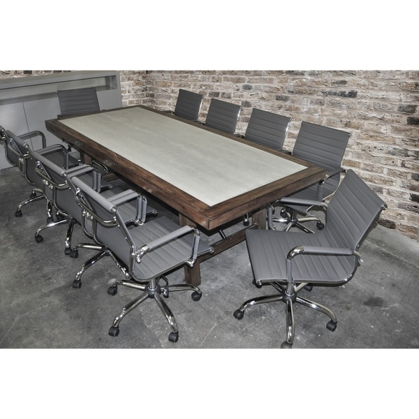 SOLIS Aperto Solid Wood With Concrete Table and Grey Ribbed Leather Office Chairs 11-piece Conference Set